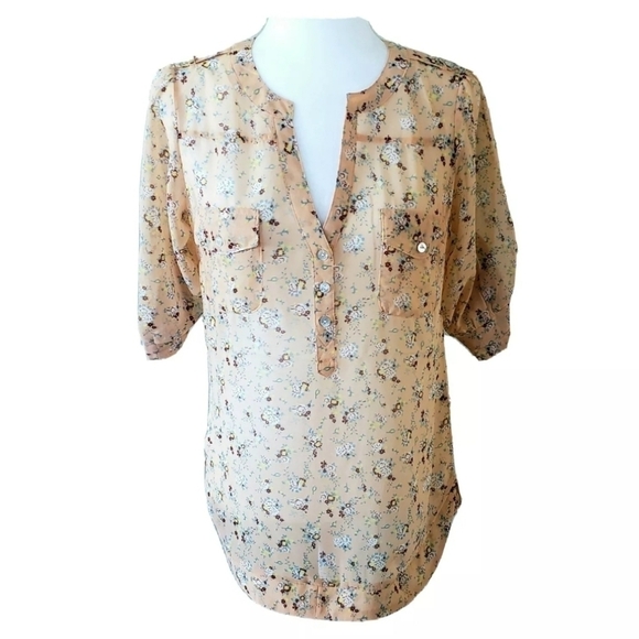 Angie peach floral semi-sheer tunic blouse size S - Picture 1 of 8